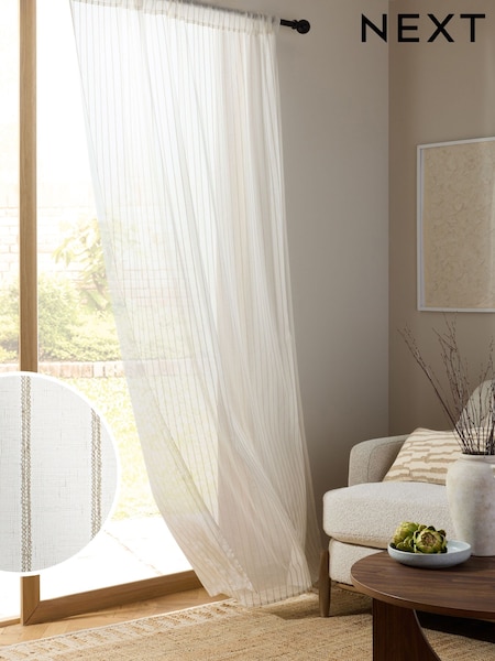 White/Natural Tufted Stripe Slot Top Voile Unlined Sheer Panel Curtains (AA6744) | 127 QAR - 167 QAR