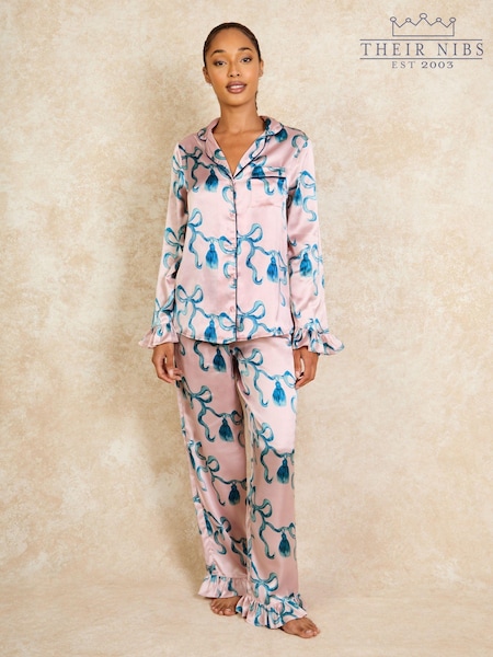 Their Nibs Pink Tassle Recycled Satin Frill Traditional Pyjamas Set (AA6827) | €28