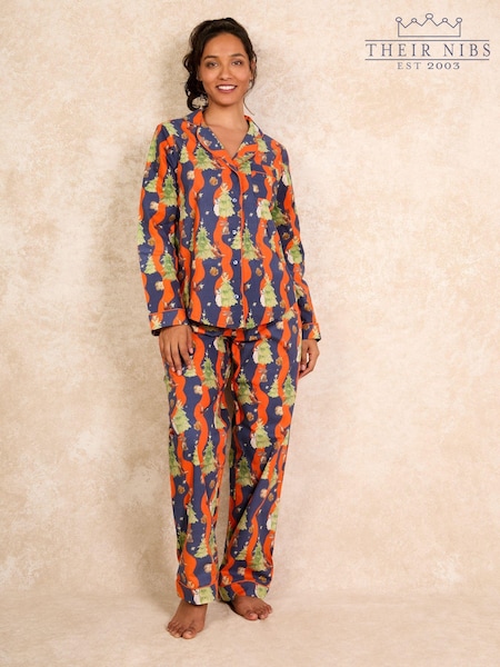 Their Nibs Navy Christmas Tree Magic 100% Cotton Traditional Long Pyjamas (AA6850) | AED110