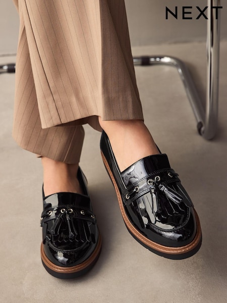 Black Standard/Wide Fit Forever Comfort® Chunky Patent Tassel Detail Loafers (AA6869) | €37