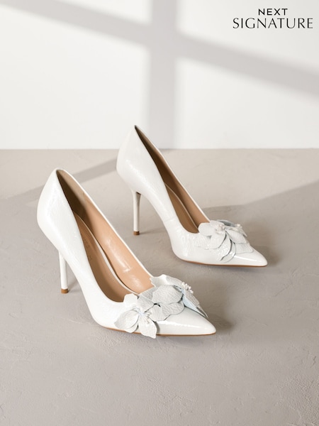 Ivory Signature Premium Leather Point Toe Flower Detail Court Shoes (AA6903) | 382 QAR