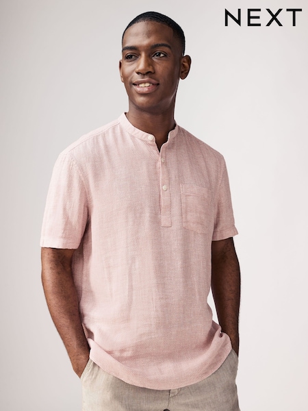 Pink Overhead Cotton Linen Blend Short Sleeve Shirt (AA6973) | $39