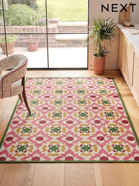 Pink Washable Geometric Tile Rug (AA6996) | SGD 50 - SGD 252