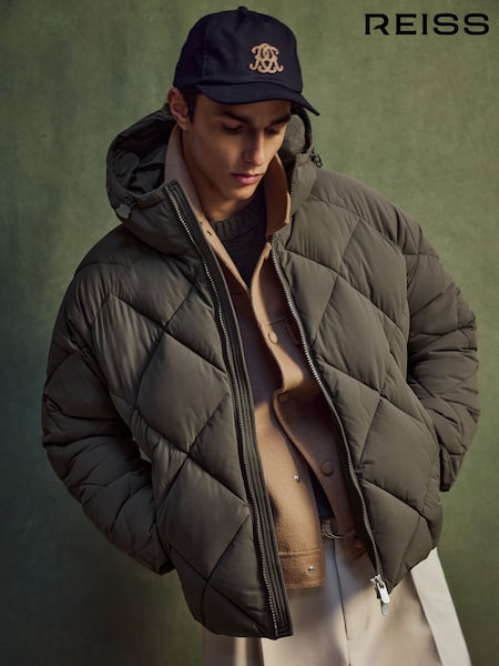 Khaki Grön - Regular Reiss Fraser Monogram Quilted Puffer Jacket With Hood
