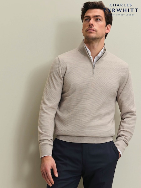 Natural - Regular Charles Tyrwhitt Limestone Pure Merino Texture Zip Neck Jumper