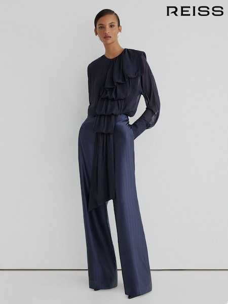 Navy - Atelier Sheer Draped Ruffle-detail Blouse