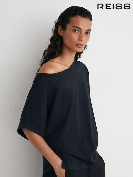 Navy - Reiss Sia Cotton Wide-neck Relaxed-fit T-shirt