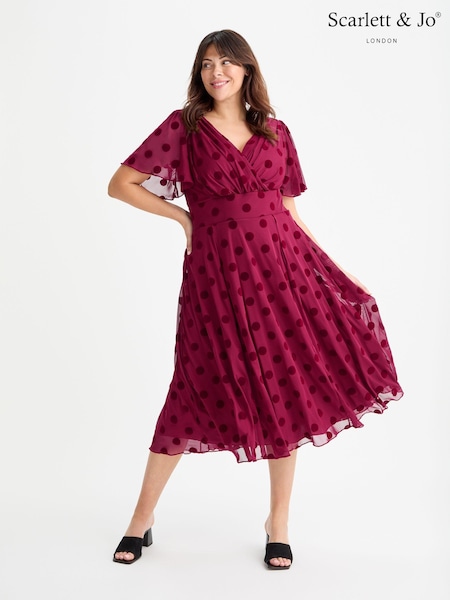 יין - Scarlett & Jo Victoria Flock Spot Angel Sleeve Mesh Midi Long Dress (AA7422) | ‏453‏₪