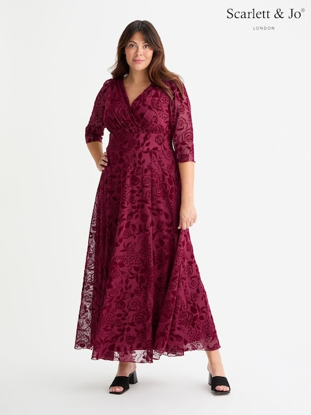 Scarlett & Jo Burgundy Red Verity Flock Maxi Gown (AA7423) | AED641