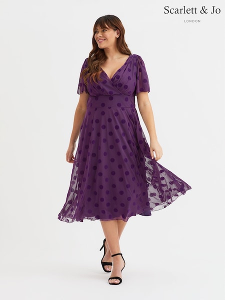 Scarlett & Jo Purple Victoria Flock Spot Angel Sleeve Mesh Midi long Dress (AA7427) | 445 QAR