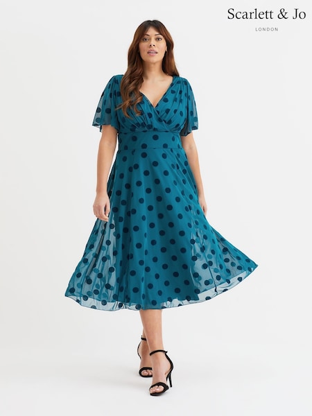 Scarlett & Jo Light Blue Victoria Flock Spot Angel Sleeve Mesh Midi long Dress (AA7428) | 445 QAR