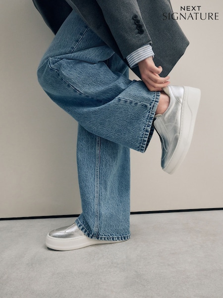 Silver Slip On Signature Forever Comfort® Leather Chunky Wedge Platform Trainers (AA7440) | MYR 248