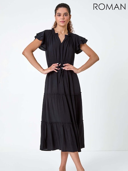 Roman Black Plain Frill Detail Tiered Midi Dress (AA7469) | €30