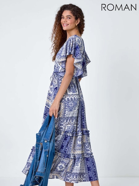 Roman Blue Patchwork Print Tiered Wrap Maxi Dress (AA7472) | AED164
