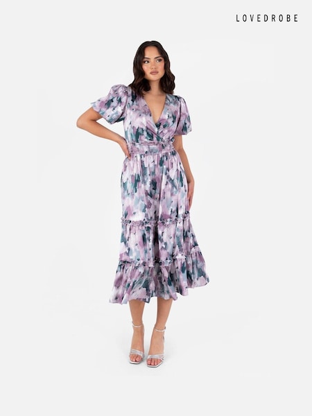 Lila - Lovedrobe Midikleid mit gesmokter Taille und Puffärmeln (AA7485) | 40 €