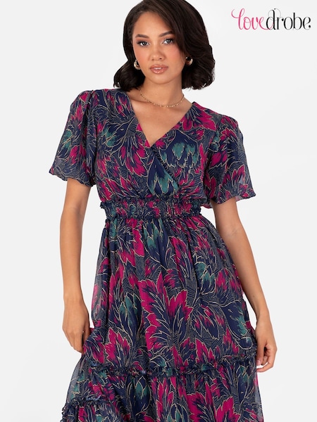 Blau - Lovedrobe Midikleid mit gesmokter Taille und Puffärmeln (AA7486) | 45 €