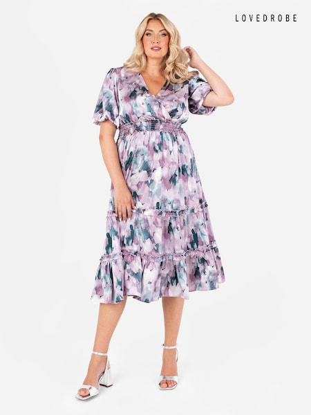 Lila - Lovedrobe Midikleid mit gesmokter Taille und Puffärmeln (AA7489) | 40 €