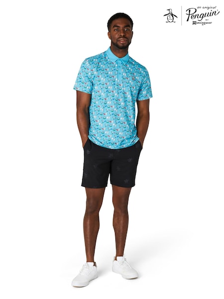 Original Penguin Golf Blue Cocktail And Cards Novelty Print Polo Shirt (AA7508) | ‏327‏₪