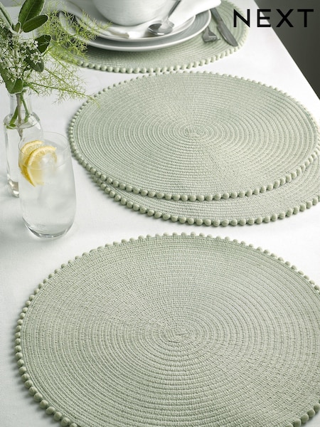 Set of 4 Sage Green Pom Pom Placemats (AA7578) | €16