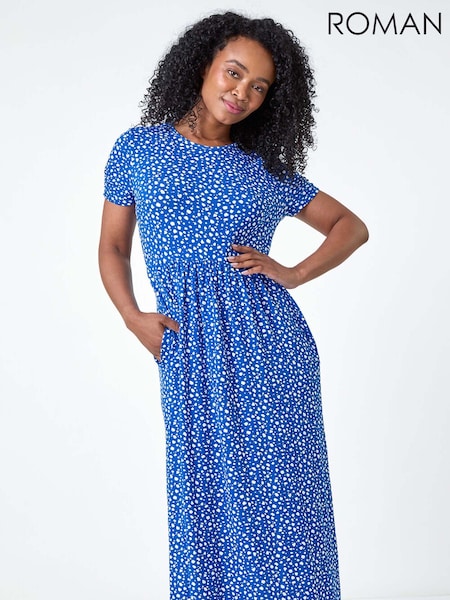 Roman Blue Petite Spot Print Stretch Midi Dress (AA7627) | €53