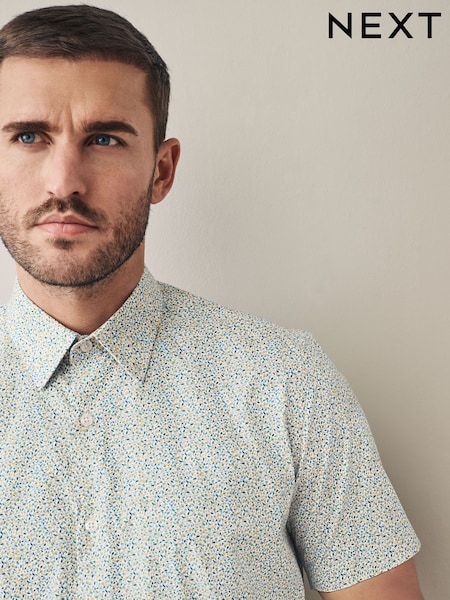 White Scattered Leaves - 100% Cotton Short Sleeve Formal Shirt (AA7747) | ‏200‏₪