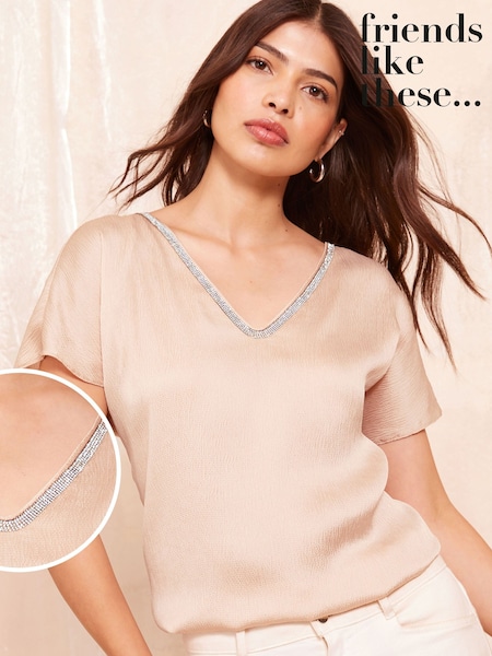 Friends Like These Cream V Neck  Shortss Sleeve Satin Blouse (AA7815) | €15.50