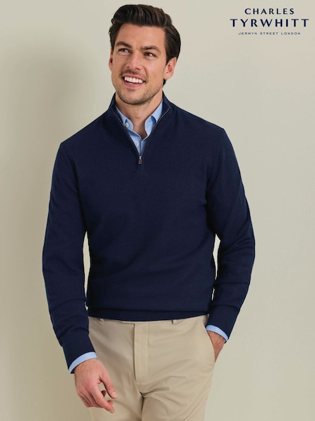 Tumši zils - Regular Charles Tyrwhitt Pure Merino Texture Zip Neck Jumper
