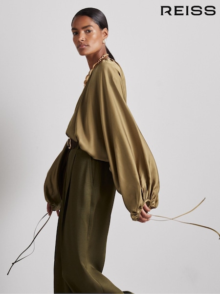 Reiss Khaki Finley Atelier Gathered Satin Top (AA7957) | 1,114 QAR