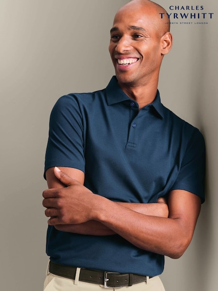 Blue - Regular Charles Tyrwhitt Short Sleeve Cotton Stretch Smart Pique Polo Shirt