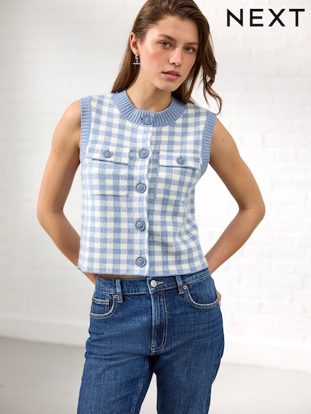 Blue Gingham Crew Neck Knitted Pattern Tank With Pockets (AA8105) | €38