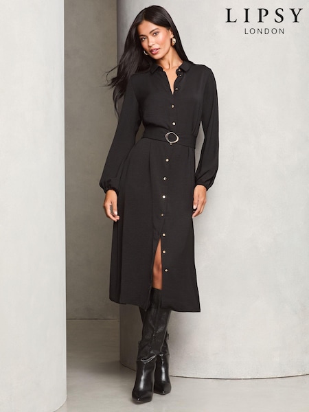 Negru - Rochie midi tip cămașă Lipsy Cu nasturi Cu curea (AA8175) | 214 LEI