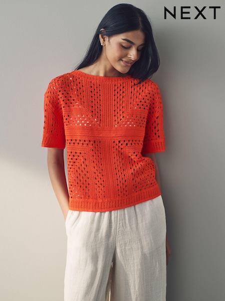 Oranžna - Short Sleeve Crochet Crew Neck T-Shirt (AA8179) | € 27