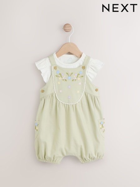 Sage Green Embroidered Floral Short Sleeve 100% Cotton Bodysuit And Leg Baby Dungaree Set (0mths-2yrs) (AA8187) | $44 - $48