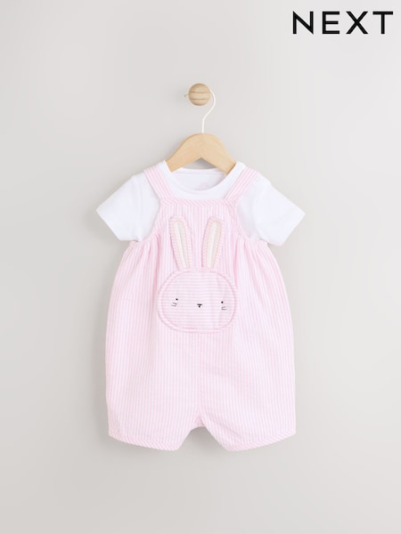 Pink Bunny Face Short Sleeve 100% Cotton Bodysuit And Leg Baby Dungaree Set (0mths-2yrs) (AA8188) | $37 - $42