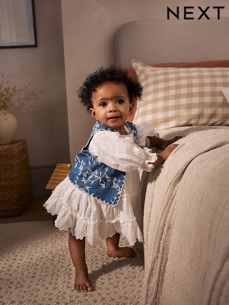 أبيض - 100% Cotton Woven Baby Broderie Dress And Denim Waistcoat Set (0mths-2yrs) (AA8196) | ‏124 ر.ق. - ‏134 ر.ق.