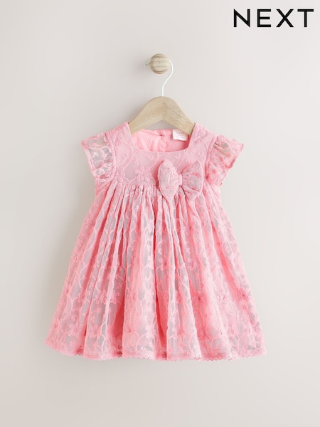 Pink Broderie Mesh Bow Baby Dress (0mths-2yrs) (AA8197) | 99 QAR - 109 QAR