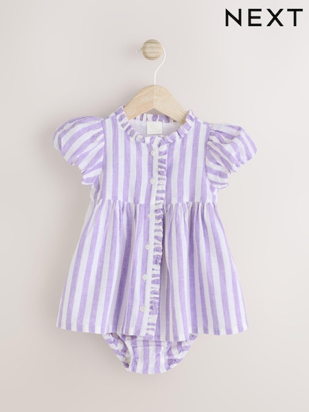 Mov lila/Dungă albă - Set rochie țesută din bumbac 100% și chiloți bufanți pentru bebeluși (0luni-2ani) (AA8200) | 134 LEI - 149 LEI