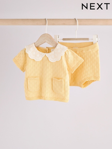 イエロー 刺繍入り襟 - 100% Cotton Knitted Baby Top And Shorts Set (0mths-2yrs) (AA8204) | ¥ 3,890 - ¥ 4,280