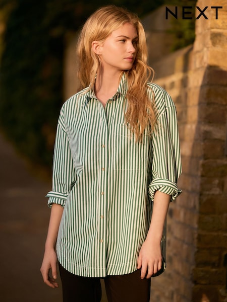 Green Stripe Relaxed Boyfriend Fit 100% Cotton Button Down Shirt (AA8210) | kr434