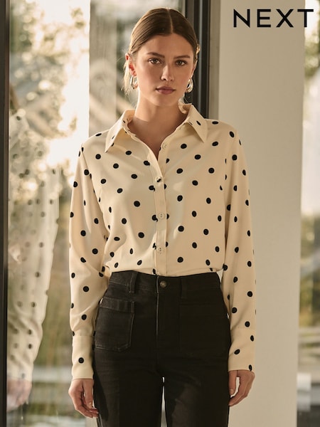 Ecru Spot Crepe Long Sleeve Button Down Shirt (AA8214) | 1,201 UAH