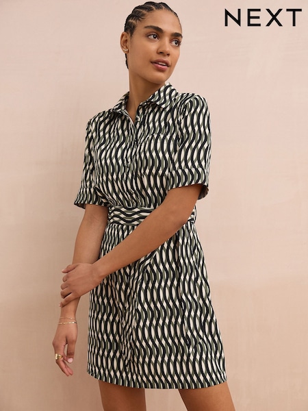 Green/Black Geo Print Short Sleeve Mini Tie Waist Shirt Dress (AA8225) | €49.50