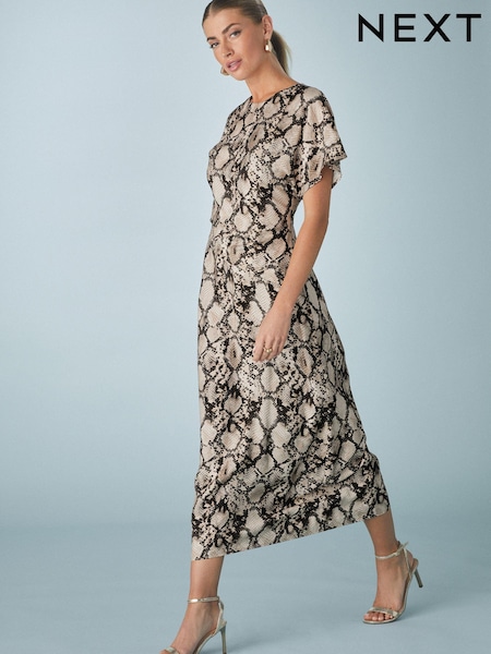 Animal Print Snake Short Sleeve Drape Detail Midi Dress (AA8226) | 1,696 UAH