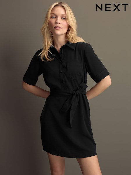 Black Short Sleeve Mini Tie Waist Shirt Dress (AA8229) | €40
