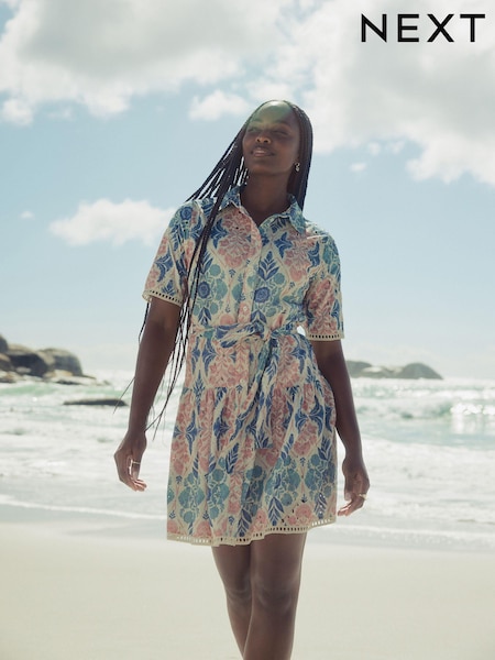 Pink and Teal Blue Vintage Floral Print Mini Broderie Short Sleeve Tie Waist 100% Cotton Shirt Dress (AA8248) | €60