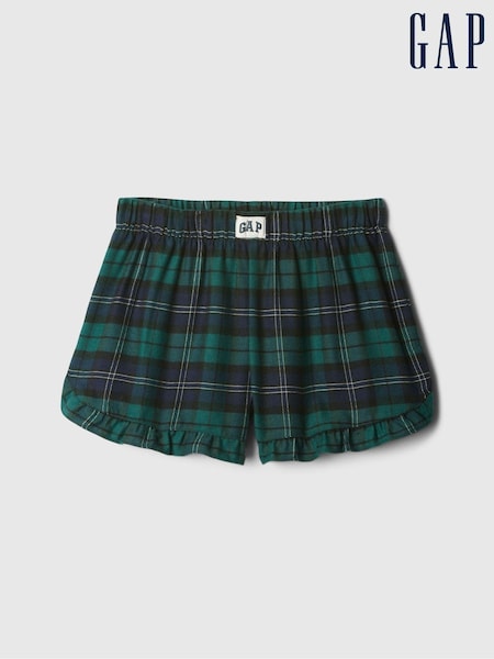 Gap Green Matching Family Kids Christmas Logo Frill Hem Flannel Pyjama Shorts (4-13yrs) (AA8267) | €9