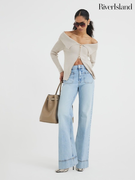 River Island Blue White High Waisted Pocket Front Wide Leg Jeans (AA8404) | €79