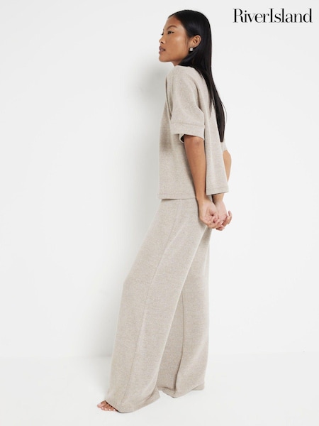River Island Gold Petite Wide Leg Crochet Knit 100% Cotton Trousers (AA8407) | €23