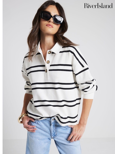 River Island White Stripe Rugby 100% Cotton Sweatshirt (AA8408) | AED142