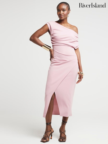 River Island Pink Drape Asym Wrap Midi Dress (AA8410) | €34