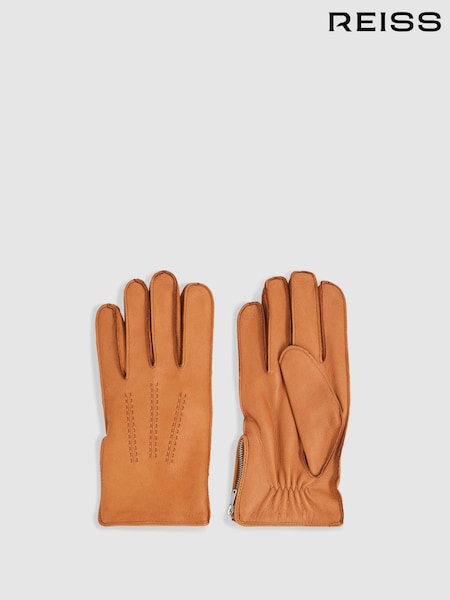 Reiss Tan Iowa Leather Zip-Side Gloves (AA8411) | $194